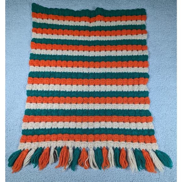 Handmade Crochet Afghan Throw Blanket Orange Tan Green Striped 24x32 Inch - Picture 5 of 5